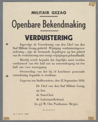 snv008000139 11, Militair Gezag - Openbare Bekendmaking - Verduistering - Verduistering dagelijks van één half uur na ...