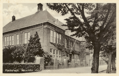 Nr.: 77 - Harderwijk, Vakschool voor meisjes bomen, stoep en schoolgebouw