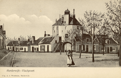 Nr.: 174 - Harderwijk - Vischpoort de witte vuurtoren met de Vispoort , aan weerszijden muurhuisjes