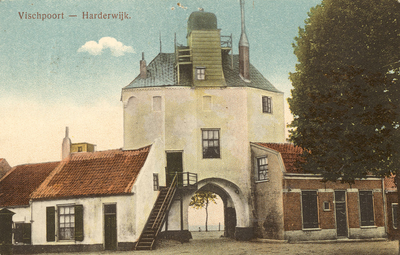Nr.: 176 - Vischpoort - Harderwijk. de witte vuurtoren met de Vischpoort , aan weerszijden muurhuisjes, door de poort ...