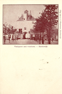 Nr.: 196 - Vischpoort met Vuurtoren - Harderwijk de witte vuurtoren met de Vischpoort , aan weerszijden muurhuisjes