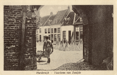 Nr.: 239 - Harderwijk - Vuurtoren van Zeezijde blik onder de poort op de Vischmarkt met een kruier en drogende rietgarven