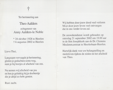 374_01_0012_a Aalders, Theo: geboren op 24 oktober 1928 te Heerlen, overleden op 6 augustus 2002 te Heerlen