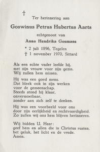 374_01_0024_a Aarts, Goswinus Petrus Hubertus: geboren op 2 juli 1896 te Tegelen, overleden op 1 november 1970 te Sittard