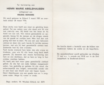 374_01_0060_a Abelshausen, Henri Marie: geboren op 2 maart 1901 te Sittard, overleden op 28 maart 1976 te Sittard