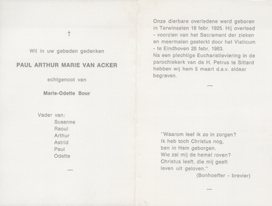 374_01_0084_a Acker, van, Paul Arthur Marie: geboren op 18 februari 1925 te Terwinselen, overleden op 28 februari 1983 ...