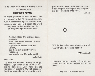 374_01_0095_a Adams, Henricus: geboren op 15 mei 1892 te Heel, overleden op 21 februari 1978 te Roermond