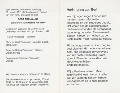 374_01_0111_a Adriaanse, Bert: geboren op 23 mei 1932 te Waalwijk, overleden op 25 maart 1997 te Maastricht