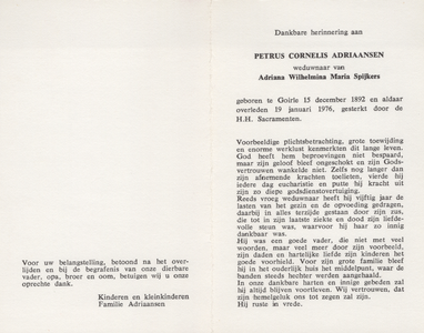 374_01_0115_a Adriaansen, Petrus Cornelis: geboren op 15 december 1892 te Goirle, overleden op 19 januari 1976 te Goirle