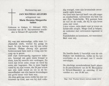 374_01_0120_a Aelfers, Jan Mathias: geboren op 11 februari 1923 te Geleen, overleden op 29 september 1983 te Sittard