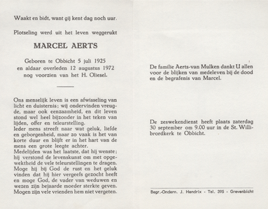 374_01_0141_a Aerts, Marcel: geboren op 5 juli 1925 te Obbicht, overleden op 12 augustus 1972 te Obbicht