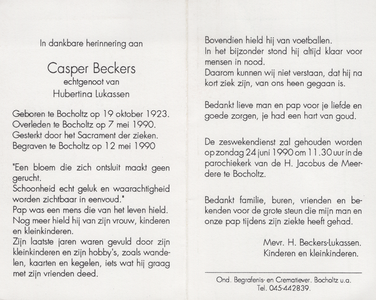 374_02_0257 Beckers, Casper: geboren op 19 oktober 1923 te Bocholtz, overleden op 7 mei 1990 te Bocholtz