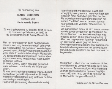 374_02_0308 Beckers, Marie: geboren op 19 oktober 1901 te Beek, overleden op 2 december 1992 te Amby-Maastricht