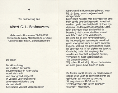 374_02_1280 Boshouwers, Albert G. L.: geboren op 27 september 1932 te Humcoven, overleden op 20 juli 2003 te Amby-Maastricht