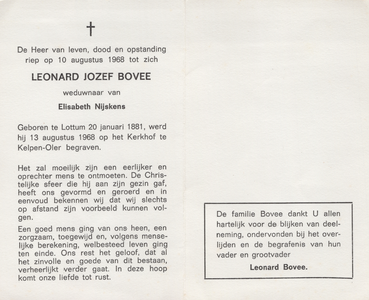 374_02_1409 Bovee, Leonard Jozef: geboren op 20 januari 1881 te Lottum, overleden op 10 augustus 1968