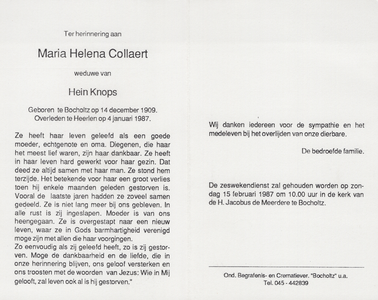 374_03_0684 Collaert, Maria Helena: geboren op 14 december 1909 te Bocholtz, overleden op 4 januari 1987 te Heerlen