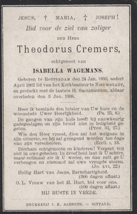 374_03_1066 Cremers, Theodorus: geboren op 24 januari 1830 te Rotterdam, overleden op 3 januari 1908 te Nieuwstadt