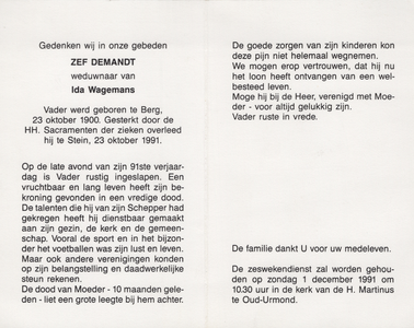 374_04_0399 Demandt, Zef: geboren op 23 oktober 1900 te Berg aan de Maas, overleden op 23 oktober 1991 te Stein