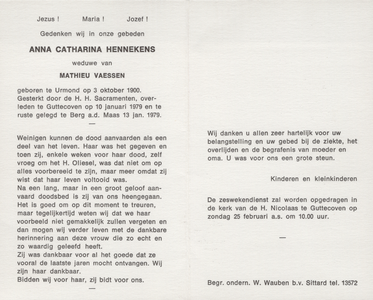 374_08_0882 Hennekens, Anna Catharina: geboren op 3 oktober 1900 te Urmond, overleden op 10 januari 1979 te Guttecoven