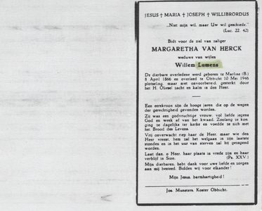 374_08_0944 Herck, van, Margaretha: geboren op 8 april 1866 te Marline (B), overleden op 10 mei 1946 te Obbicht