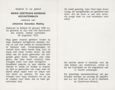 374_08_1300 Hochstenbach, Maria Gertrudis Barbara: geboren op 23 januari 1905 te Sittard, overleden op 30 augustus 1973 ...
