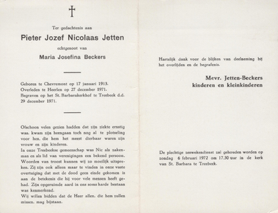 374_10_0674 Jetten, Pieter Jozef Nicolaas: geboren op 17 januari 1913 te Chevremont, overleden op 27 december 1971 te Heerlen