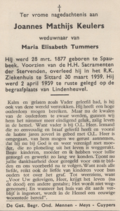 374_11_0367 Keulers, Joannes Mathijs: geboren op 28 maart 1877 te Spaubeek, overleden op 30 maart 1959 te Sittard