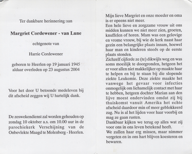374_12_0041 Lune, van, Margriet: geboren op 19 januari 1945 te Heerlen, overleden op 23 augustus 2004 te Heerlen