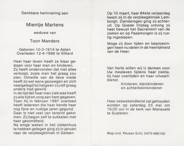 374_13_0252 Martens, Mientje : geboren op 10 maart 1914 te Asten, overleden op 12 april 1998 te Sittard