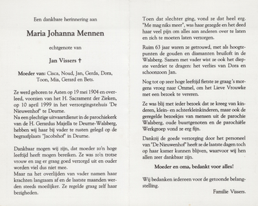 374_13_0557 Mennen, Maria Johanna: geboren op 19 mei 1904 te Asten, overleden op 10 april 1999 te Deurne