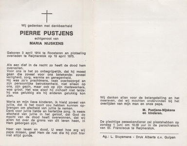 374_16_1185 Pustjens, Pierre: geboren op 3 april 1914 te Roosteren, overleden op 19 april 1975 te Reijmerstok