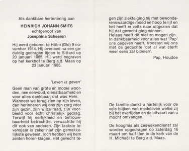 374_19_1716 Smits, Heinrich Johann: geboren op 9 november 1914`` te Hülm (Dld), overleden op 20 januari 1985 te Sittard