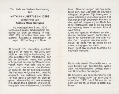 374_19_1825 Snijders, Mathias Hubertus: geboren op 8 december 1930 te Berg a/d Maas, overleden op 17 september 1982