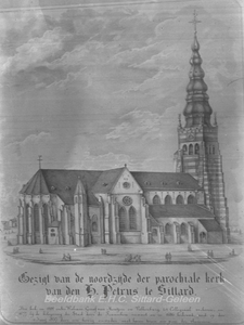 2787 Gravure van de St. Petruskerk ofwel Grote Kerk voor de blikseminslag van 1857