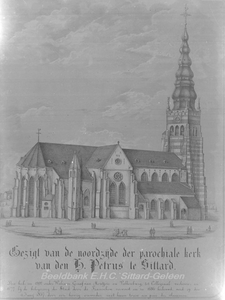 2788 Gravure van de St. Petruskerk ofwel Grote Kerk voor de blikseminslag van 1857