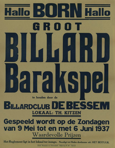 547_001_140 Born: BiljardGroot Billard Barakspel te houden door Billardclub De Bessem in lokaal Th. Kitzen zondagen 09 ...