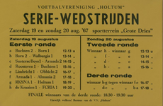 547_001_197 Holtum: VoetbalSerie-wedstrijden op sportterrein Grote Dries zaterdag 19 en zondag 20 augustus 1967