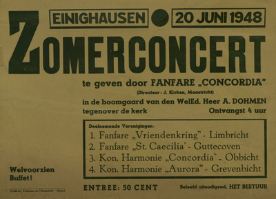 547_001_206 Einighausen: MuziekZomerconcert door Fanfare Concordia in de boomgaard van de heer A. Domen20 juni 1948