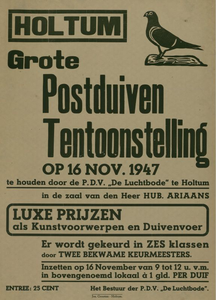 547_001_261 Holtum: DuivensportGrote postduiven tentoonstelling in zaal Ariaans16 november 1947