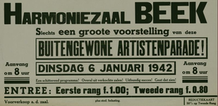 547_001_357 Beek: MuziekBuitengewone Artistenparade in de Harmoniezaal te Beekdinsdag 06 januari 1942
