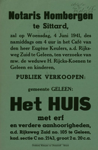 547_001_382 Geleen: NotariaatPublieke verkoop ten verzoeke van mw. de weduwe H. Rijcks-Koenen van het huis met erf en ...
