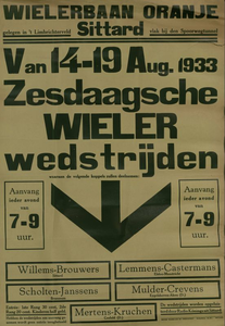 547_001_800 Sittard: WielrennenZesdaagse wielerwedstrijden op wielerbaan Oranje14-19 augustus 1933