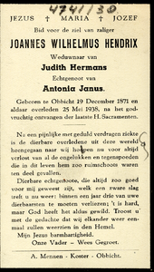 802_08_0011 Hendrix, Joannes Wilhelmus : geboren op 19 december 1871 te Obbicht, overleden op 25 mei 1938 te Obbicht