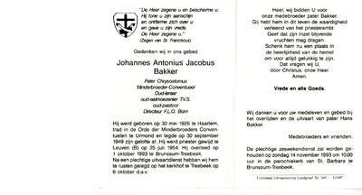 809_02_0108 Bakker, Johannes Antonius Jacobus: geboren op 30 mei 1926 te Haarlem, overleden op 1 oktober 1993 te Brunssum