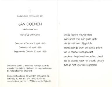 809_03_0061 Coenen, Jan : geboren op 2 april 1940 te Obbicht, overleden op 16 april 1999 te Obbicht