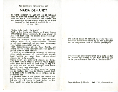 809_04_0014 Demandt, Maria : geboren op 26 februari 1922 te Obbicht, overleden op 31 mei 1981 te Obbicht