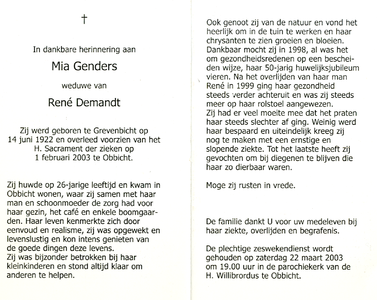 809_07_0009 Genders, Mia : geboren op 14 juni 1922 te Grevenbicht, overleden op 1 februari 2003 te Obbicht
