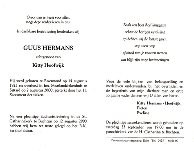 809_08_0179 Hermans, Guus : geboren op 14 augustus 1923 te Roermond, overleden op 7 augustus 200 te Sittad