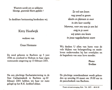 809_08_0262 Hoofwijk, Kitty : geboren op 5 juni 1936 te Buchten, overleden op 13 februari 2001 te Holtum