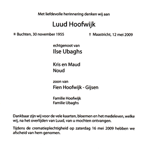 809_08_0266 Hoofwijk, Luud : geboren op 30 november 1955 te Buchten, overleden op 12 mei 2009 te Maastricht